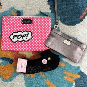 Kate spade bundle: writing pouch, leather wristlet, barre socks (2 pairs)